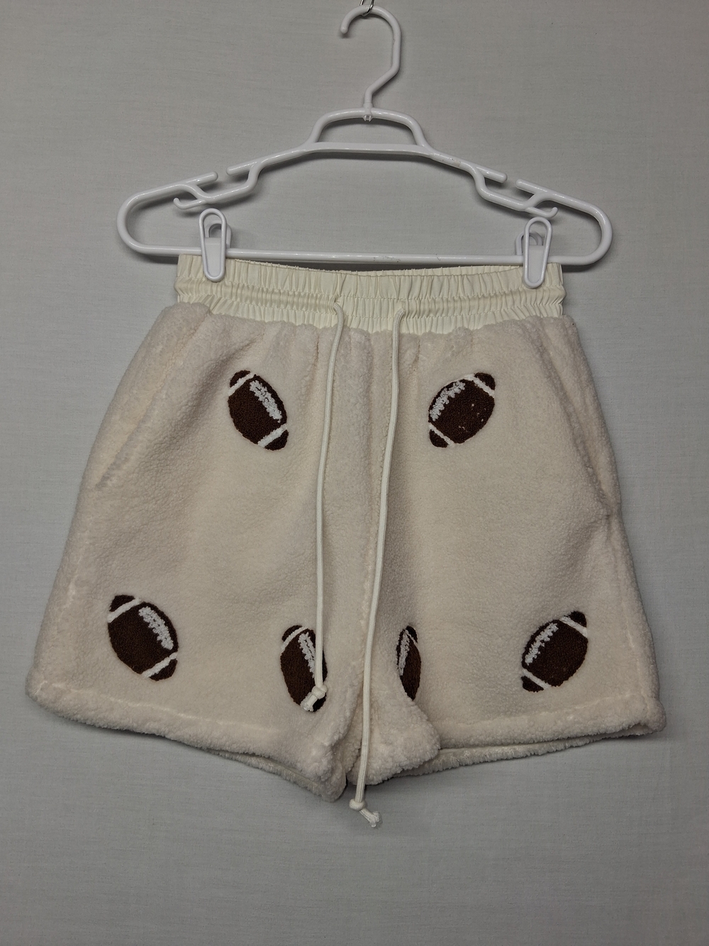 Why Dress Cream Sherpa Football Print Women's Shorts - Picture 2 of 14